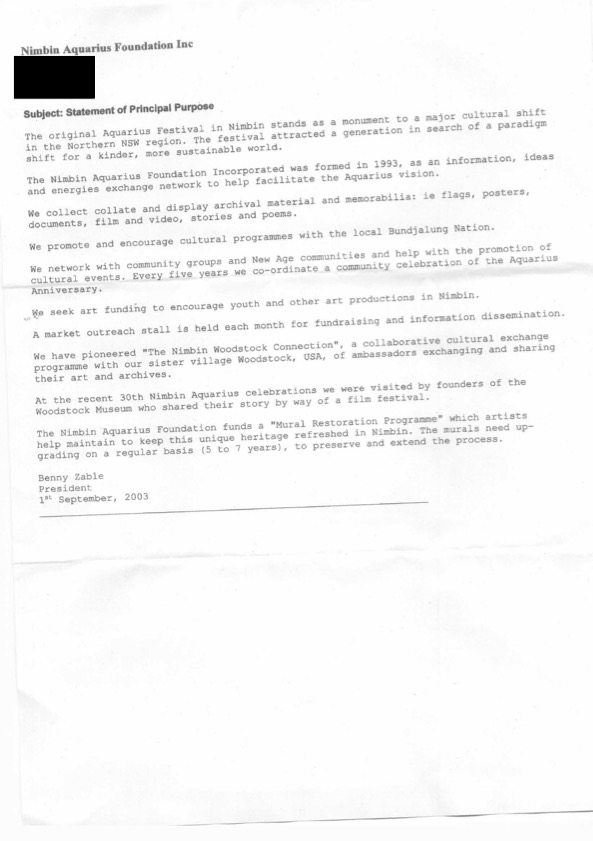 Nimbin Aquarius Foundation Inc. Statement of Principal Purpose